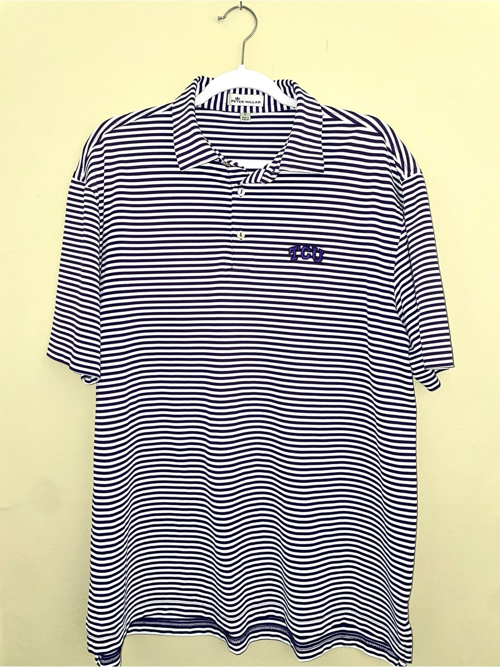 Peter Millar Purple & White Striped Polo with TCU Logo Size L